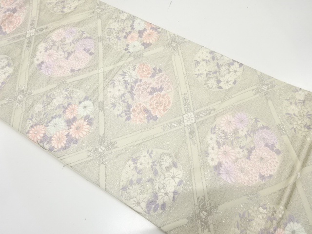 JAPANESE FUKURO OBI / PLATINUM​ FOIL / WOVEN FLOWER ROUNDEL